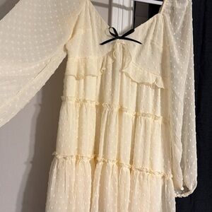 Francesca's Collections Cream Swiss Dot Tiered Midi Dress with Black Bow